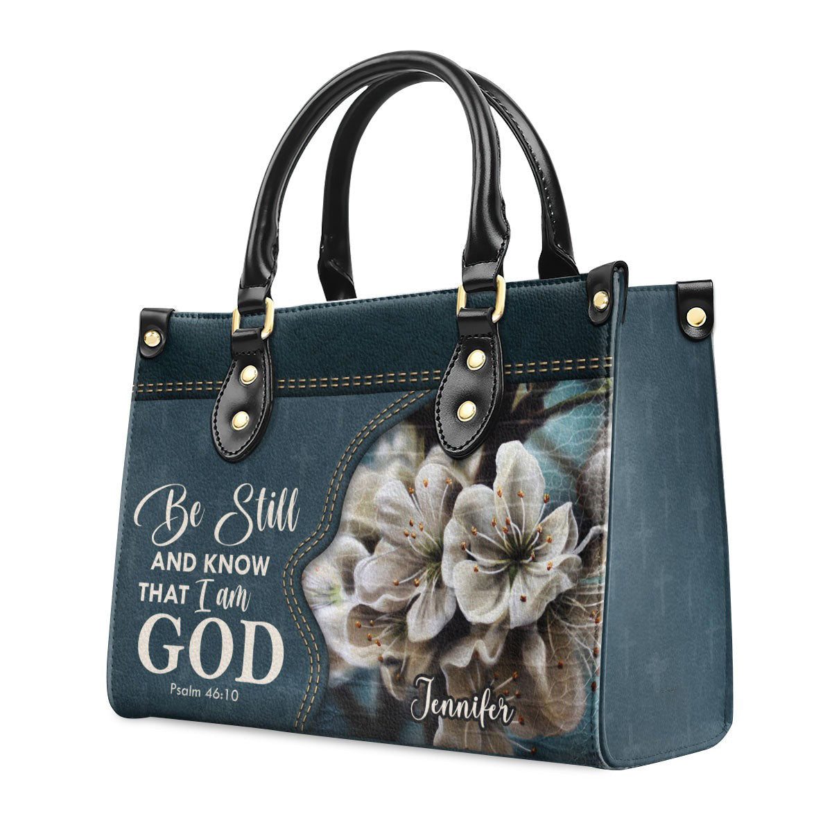 Personalized Christian Leather Handbag, Be Still and Know That I Am God Purse – Psalm 46:10 Faith Bag with Flowers BLAF49
