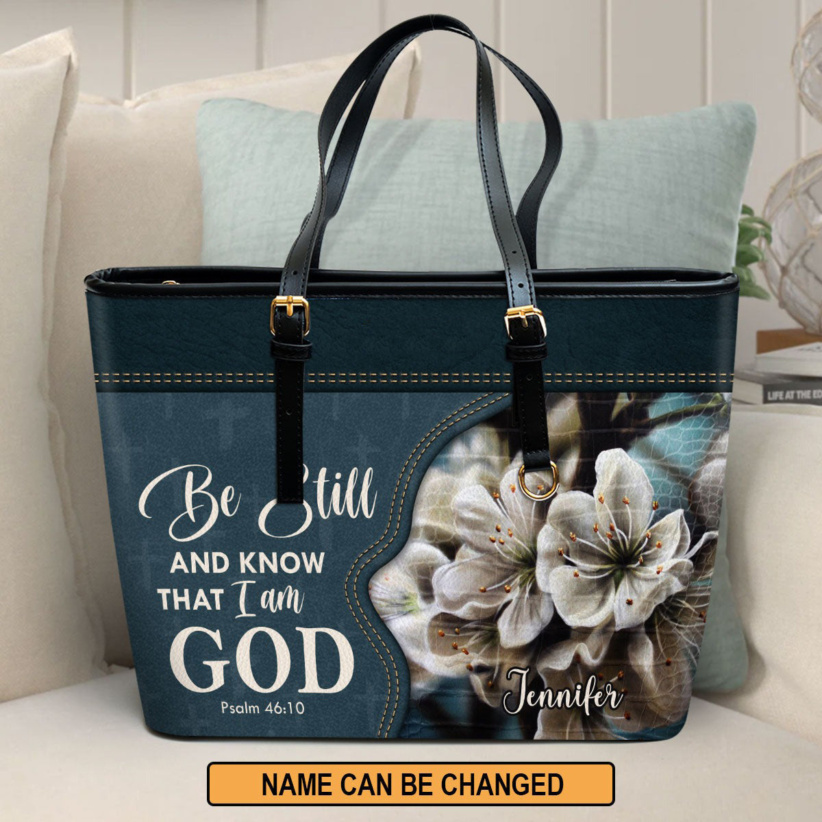 Personalized Christian Leather Handbag, Be Still and Know That I Am God Purse – Psalm 46:10 Faith Bag with Flowers BLAF49