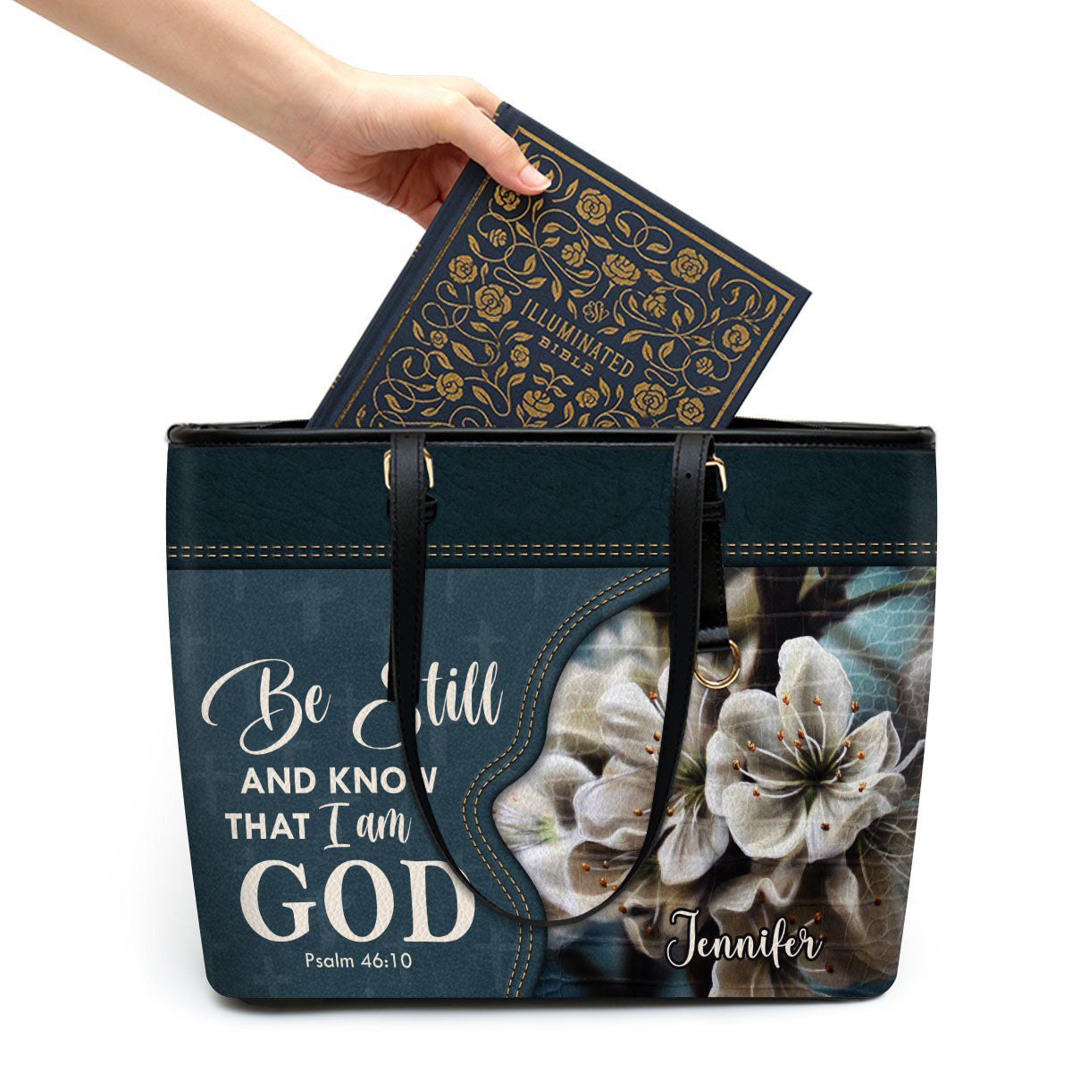 Personalized Christian Leather Handbag, Be Still and Know That I Am God Purse – Psalm 46:10 Faith Bag with Flowers BLAF49