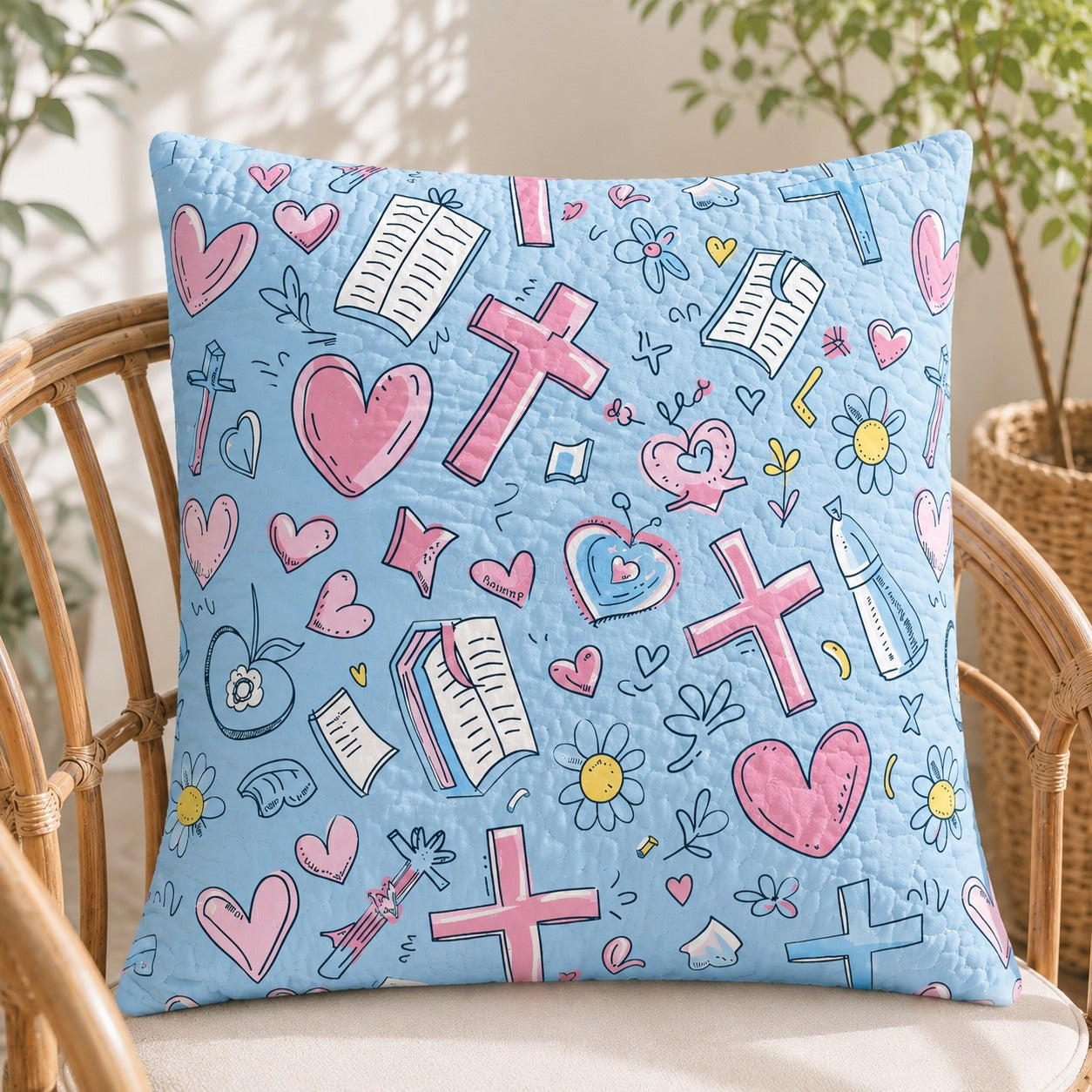 Cross & Bible Quilted Pillow Case, Christian Faith Pillow Cover, Cute Jesus Hearts Decor, Religious Gift for Girls QPILLOW36