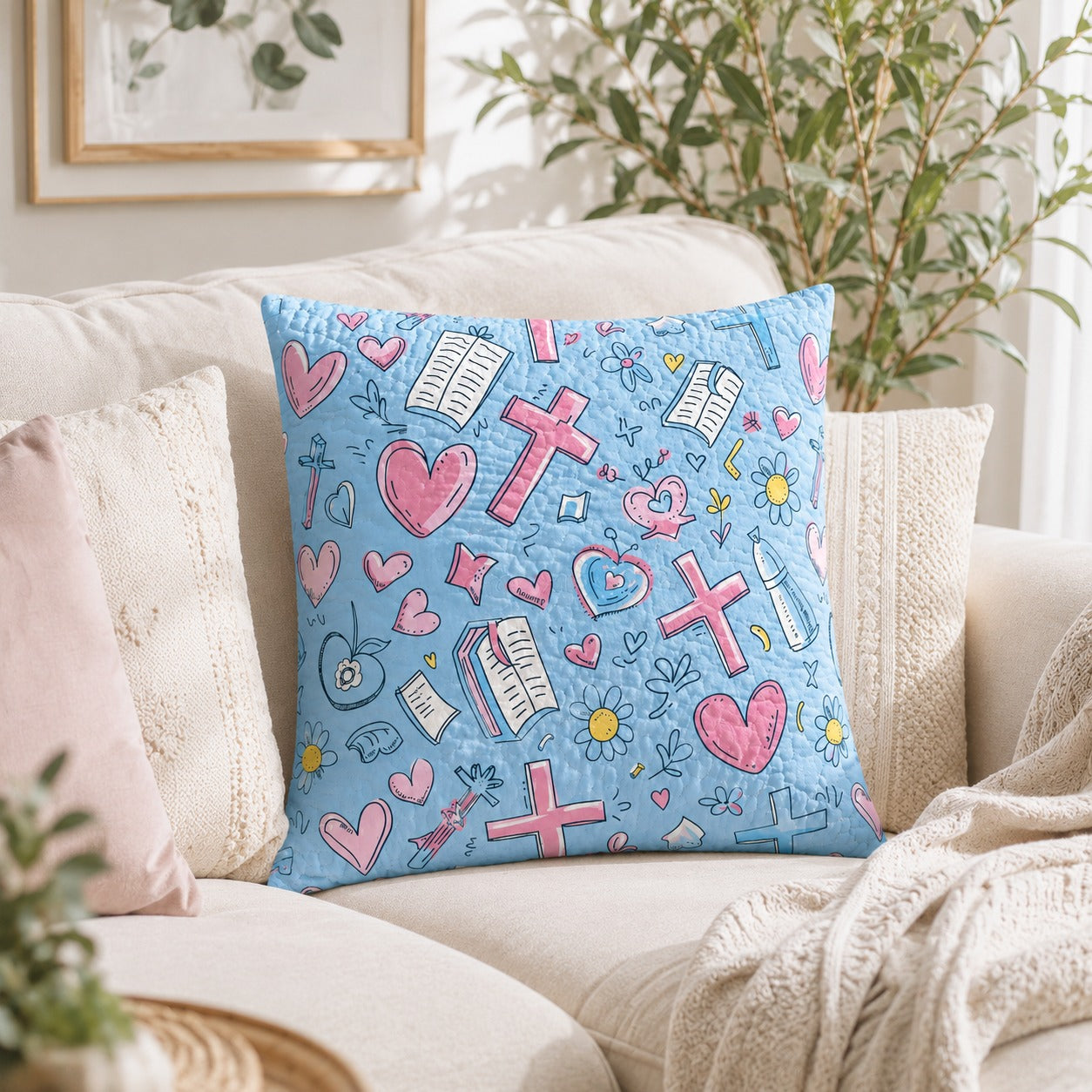 Cross & Bible Quilted Pillow Case, Christian Faith Pillow Cover, Cute Jesus Hearts Decor, Religious Gift for Girls QPILLOW36