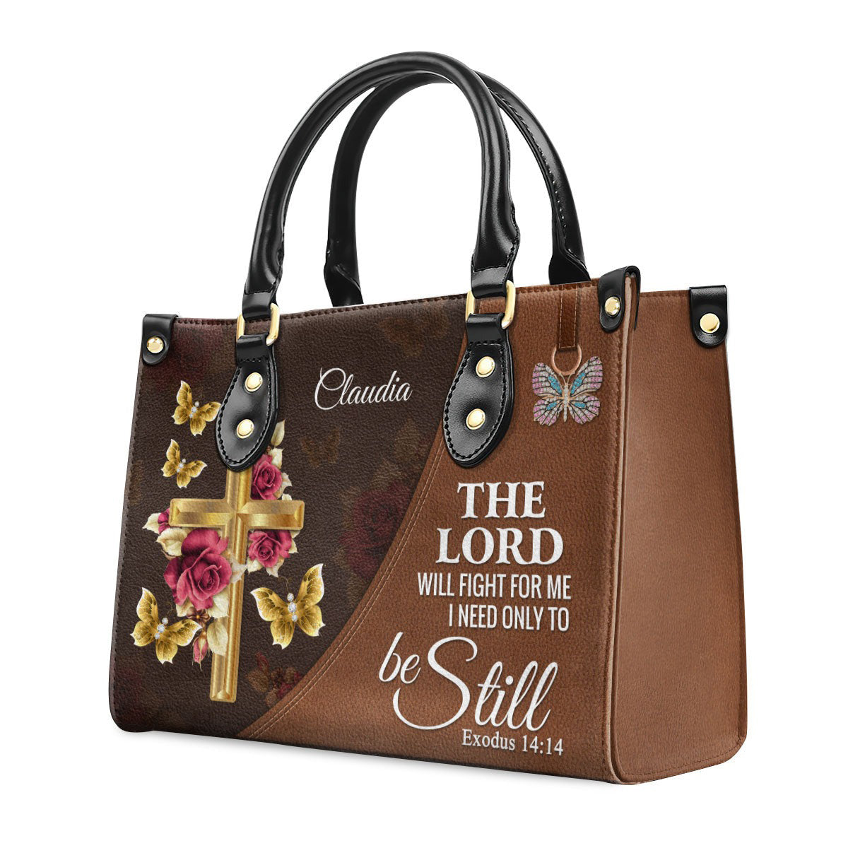 Personalized Christian Leather Handbag, The Lord Will Fight For Me Be Still Exodus 14:14 – Cross Butterfly Faith Purse BLAF50