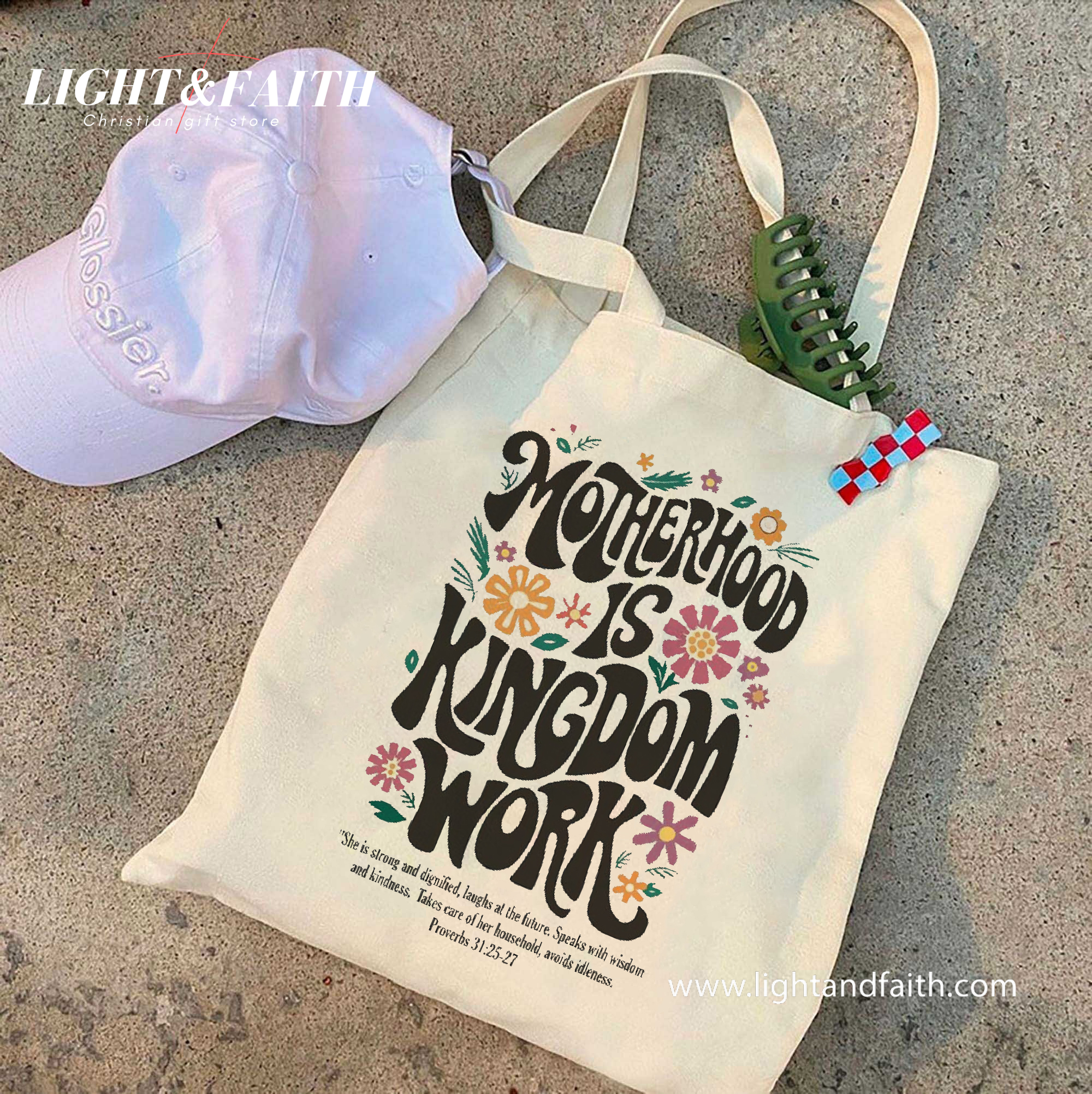 Motherhood Is Kingdom Work Tote Bag, Proverbs 31 Bible Verse Bag, Christian Mom Tote, Faith-Based Mother’s Day Gift, Scripture Canvas Bag TBLAF38