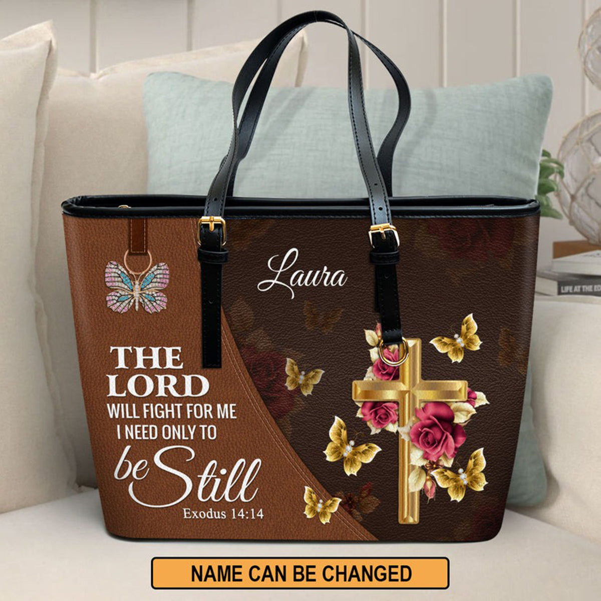 Personalized Christian Leather Handbag, The Lord Will Fight For Me Be Still Exodus 14:14 – Cross Butterfly Faith Purse BLAF50