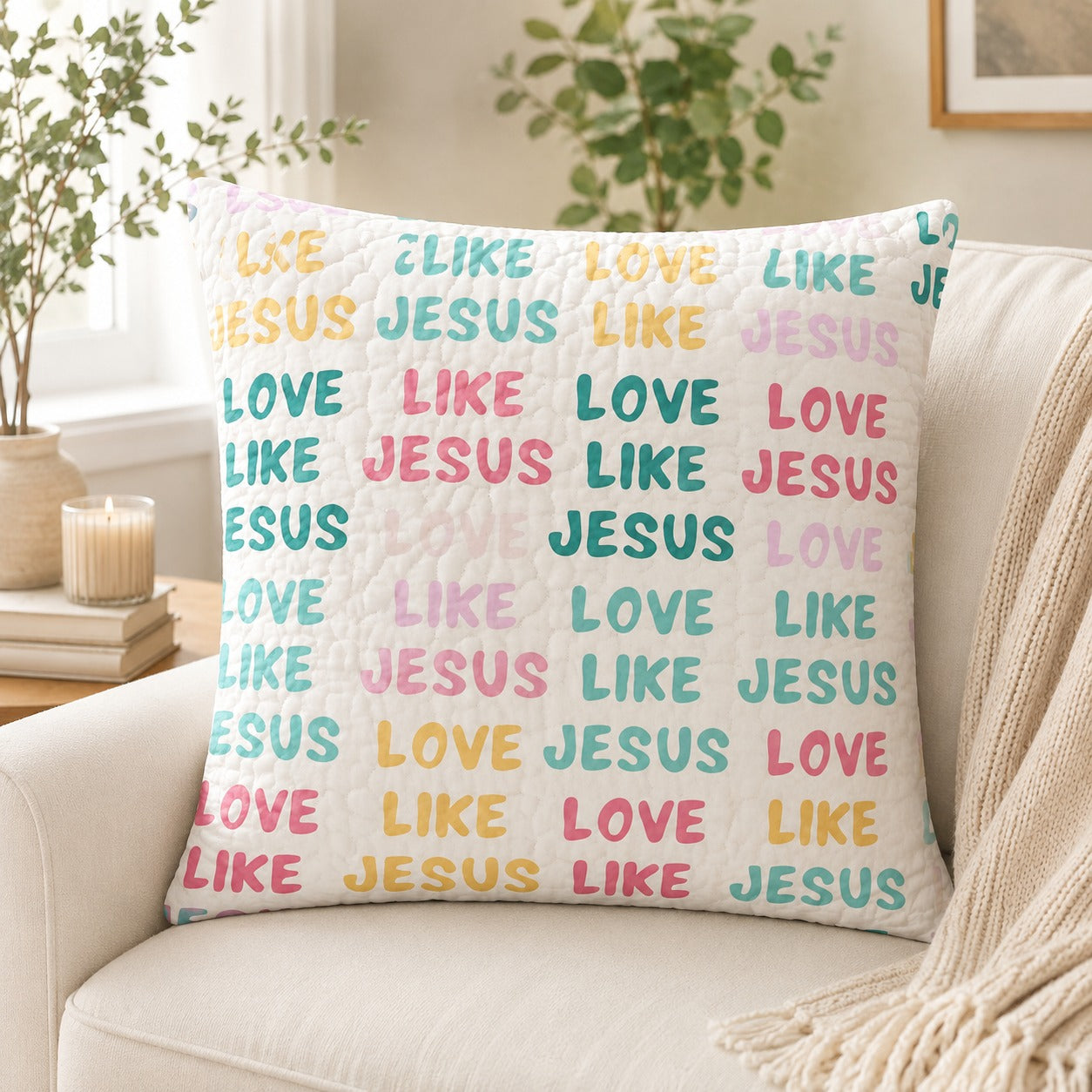 Love Like Jesus Quilted Pillow Case, Colorful Christian Pillow Cover, Inspirational Faith Home Decor, Jesus Gift for Kids QPILLOW37