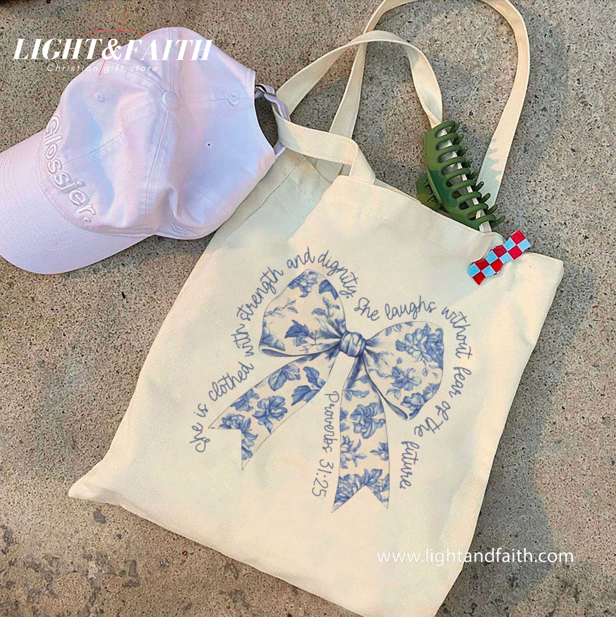 Floral Christian Tote Bag Proverbs 31:25, Bible Verse Bow Canvas Bag, Faith Gift for Women, Church Tote, Religious Scripture Bag Christian Gift TBLAF39