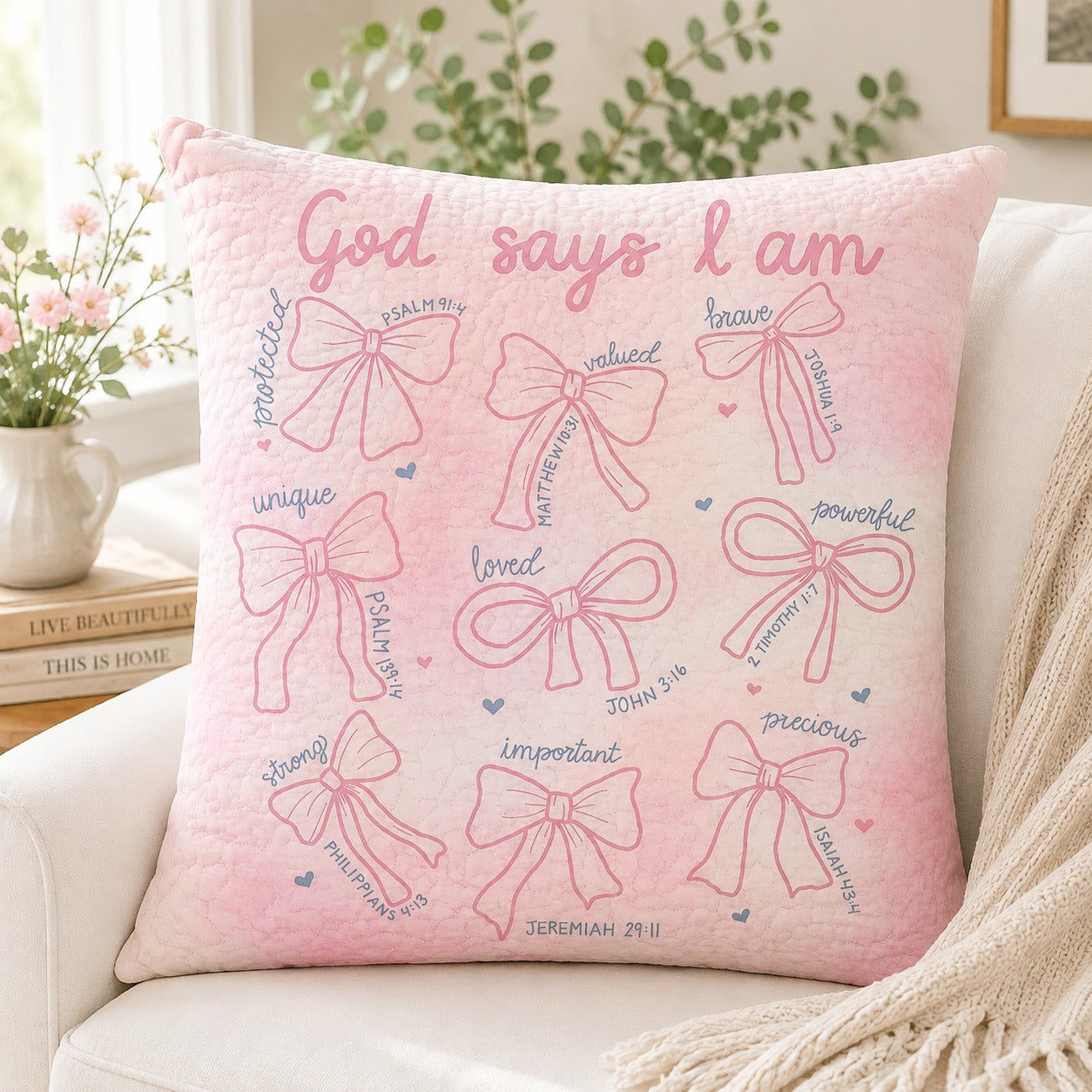 God Says I Am Quilted Pillow Case, Pink Christian Bible Verse Pillow Cover, Inspirational Faith Gift for Girls & Women QPILLOW38