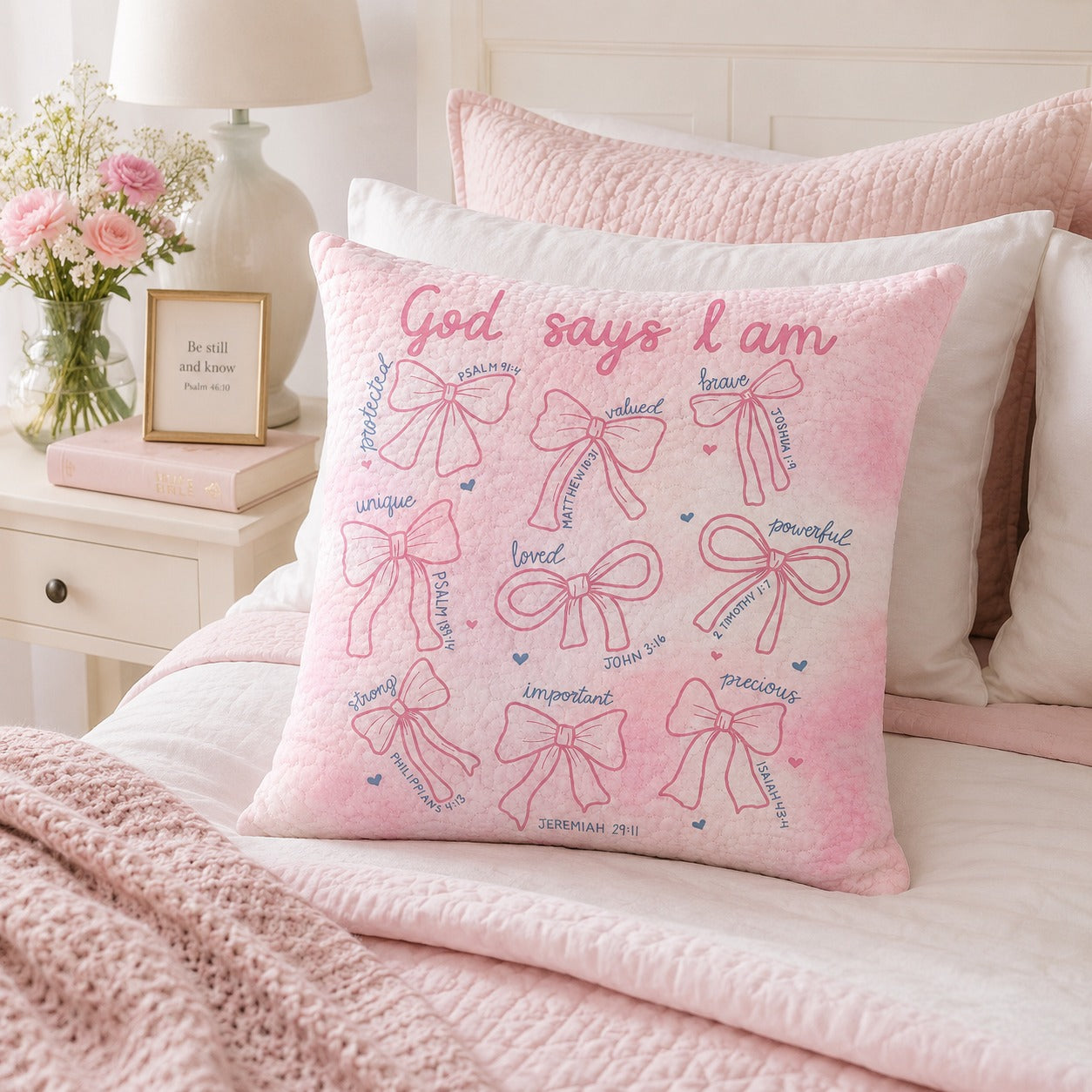 God Says I Am Quilted Pillow Case, Pink Christian Bible Verse Pillow Cover, Inspirational Faith Gift for Girls & Women QPILLOW38