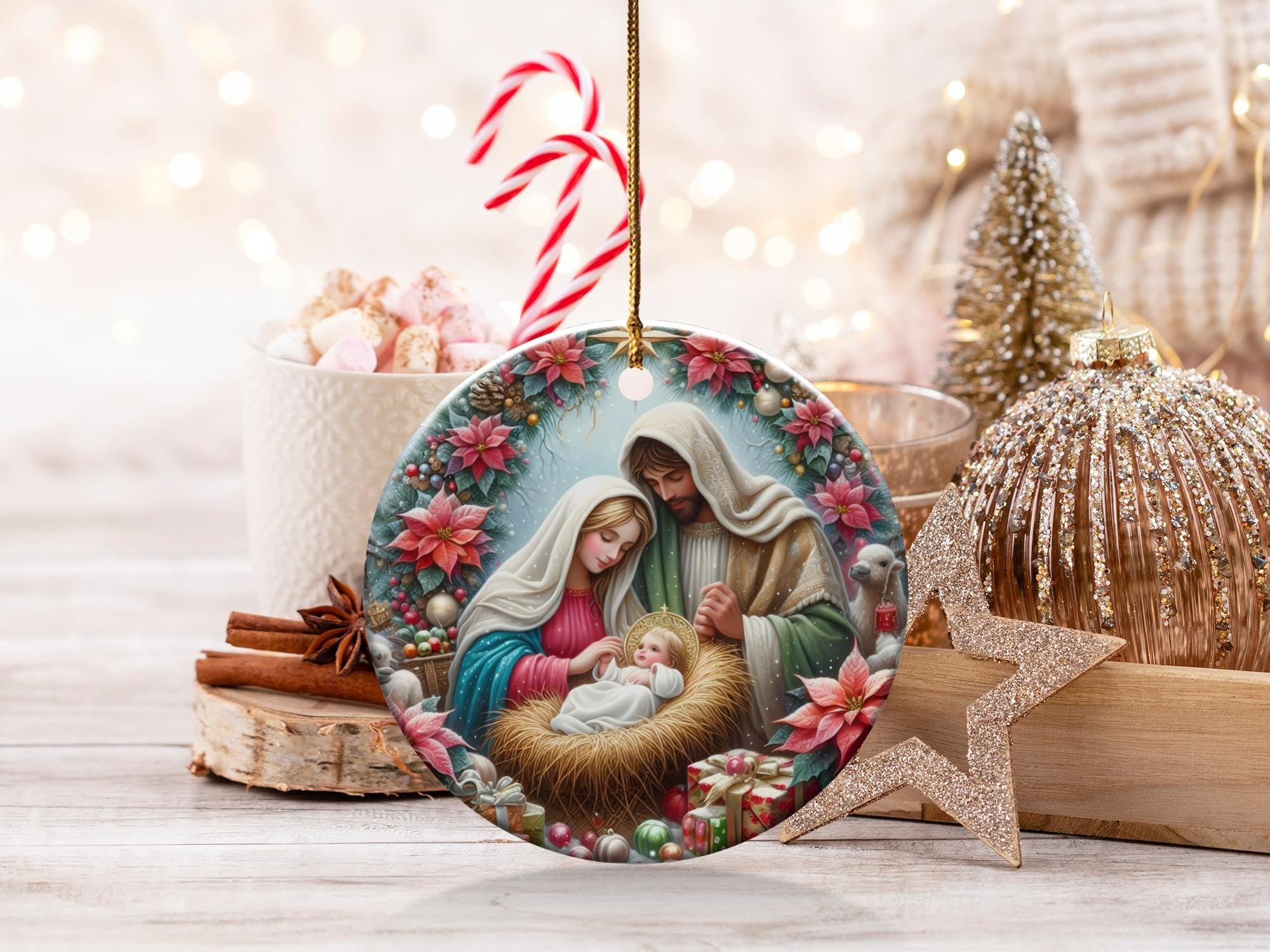 Nativity Scene Christmas Ornament, Holy Family Ornament, Ideas For Christmas Trees, Religious Gift, Baby Jesus Ornament, Poinsettia Ornament DCLAF03