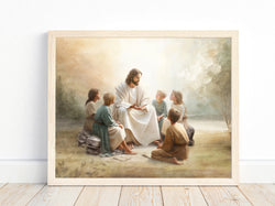 Jesus teaching children Poster, Jesus with children Poster, Christian art, Jesus wall art, Jesus Portrait, Jesus and children
