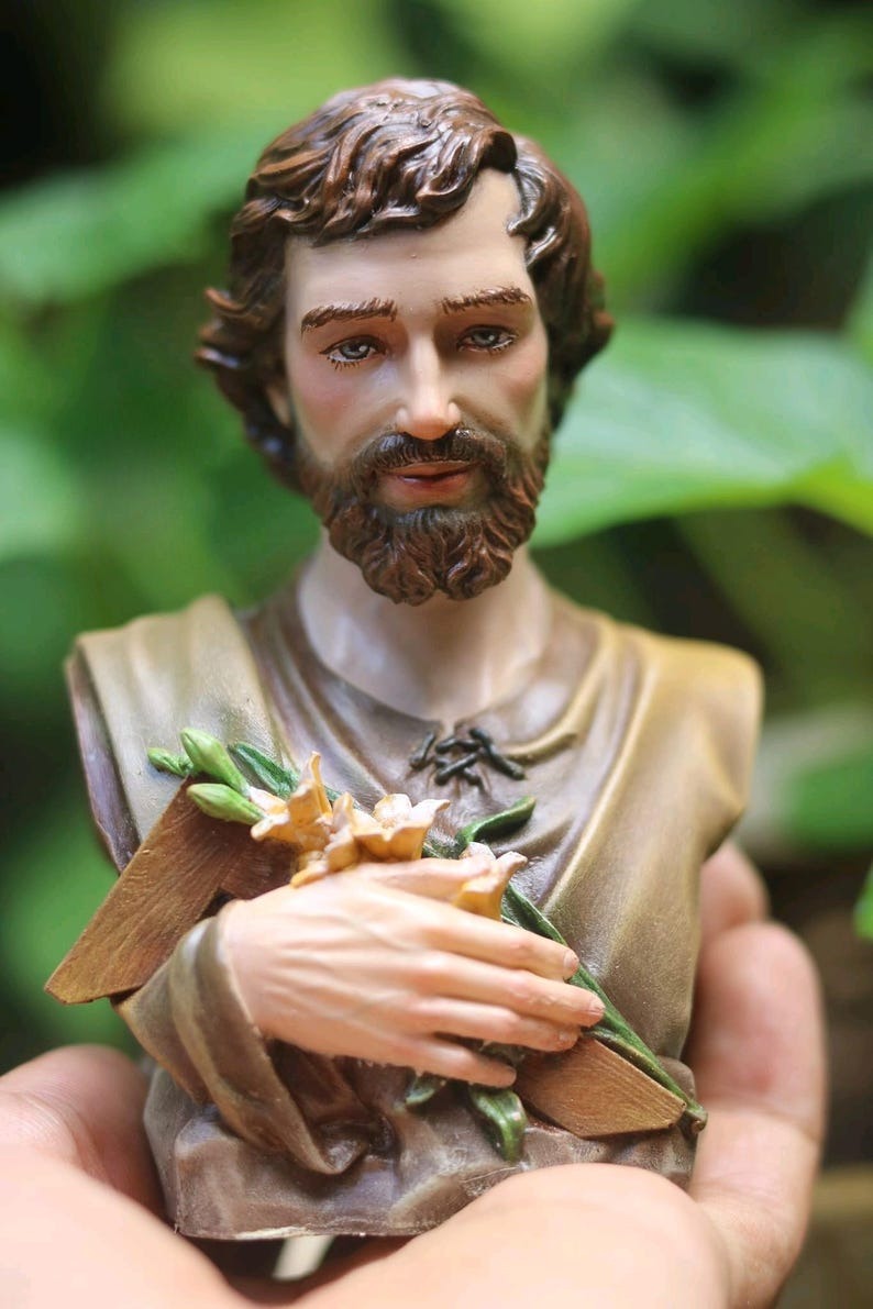 Saint Joseph Pastel Statue, Hand Painted Religious Figurine, Catholic Gift for Home Altar, Car Dashboard Decor, Christian Table Decoration