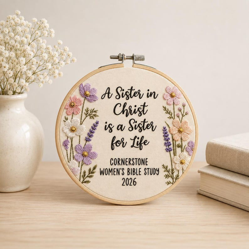 Sister in Christ Embroidery Hoop Art, Floral Christian Friendship Wall Decor, Women’s Bible Study Gift, Faith-Based Needlework Hoop EH18