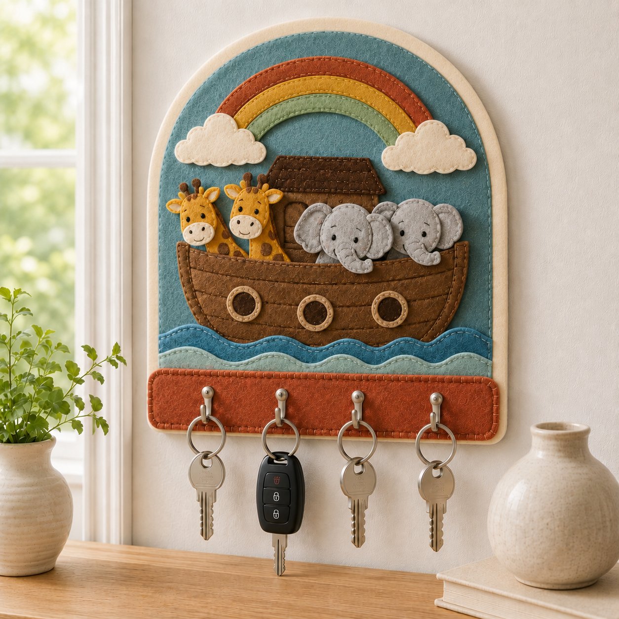 Noah’s Ark Wall Felt Key Holder, Christian Wall Key Rack, Handmade Catholic Home Decor, Religious Housewarming Gift, Felt Custom FELTHD03