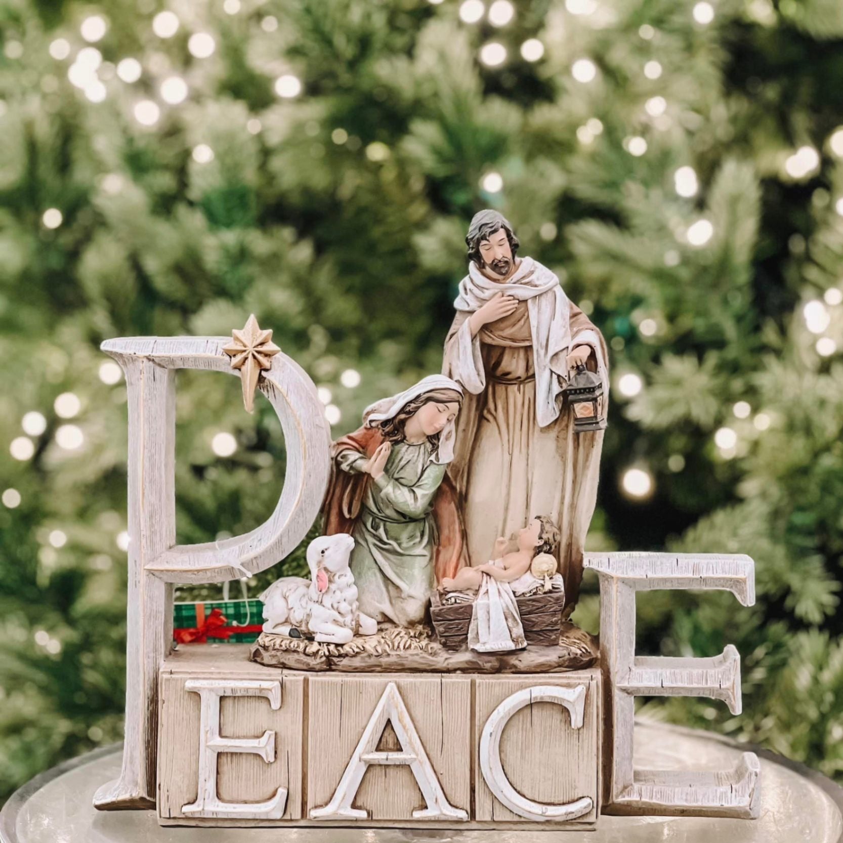PEACE Nativity Scene Decor, Holy Family Christmas Figurine, Mary Joseph Baby Jesus Set, Religious Table Display, Holiday Gift