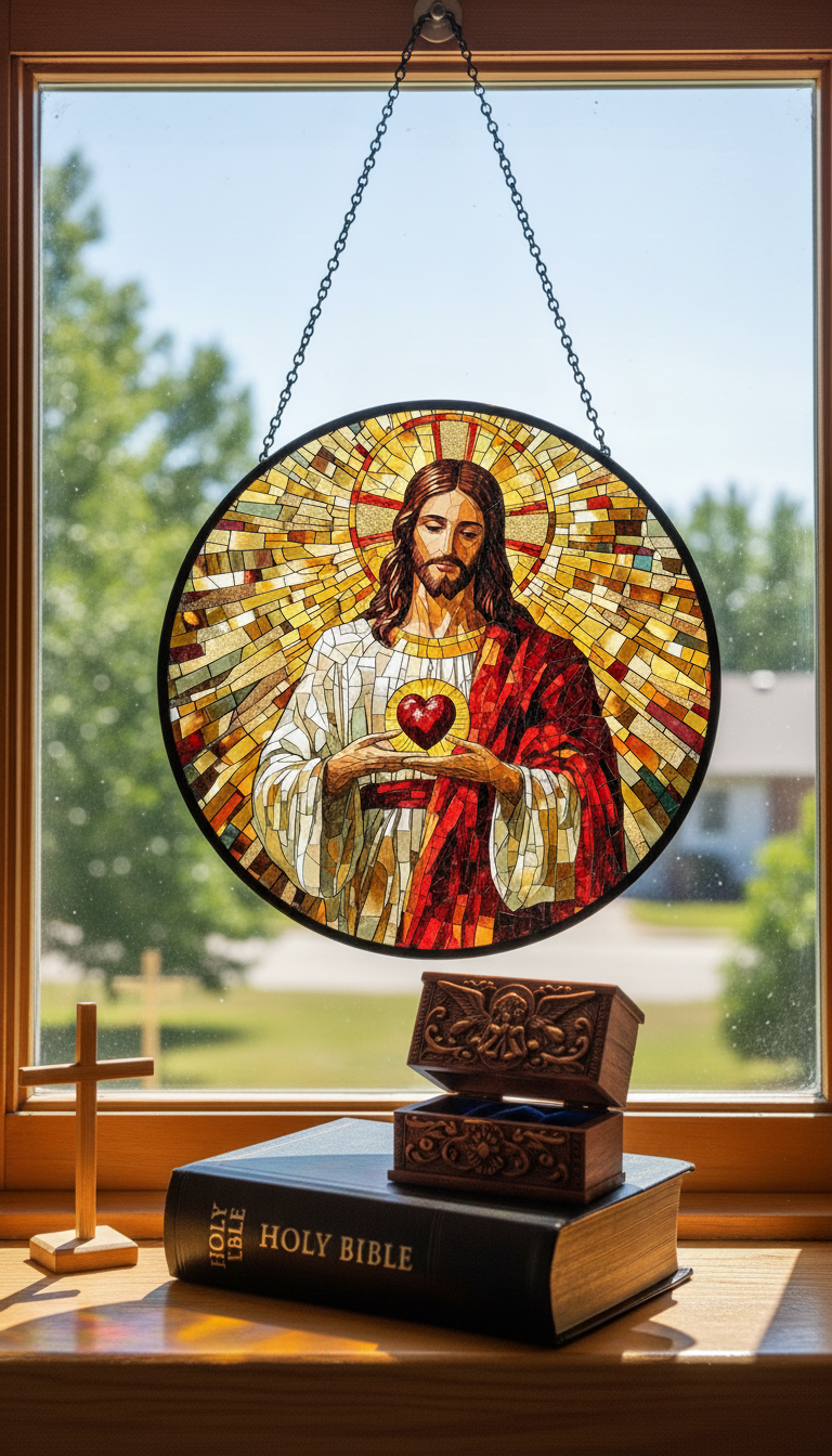 Sacred Heart of Jesus Stained Glass Suncatcher, Christian Window Hanging, Catholic Home Decor, Religious Sun Catcher, Faith Gift, Bible Decor SCLAF12