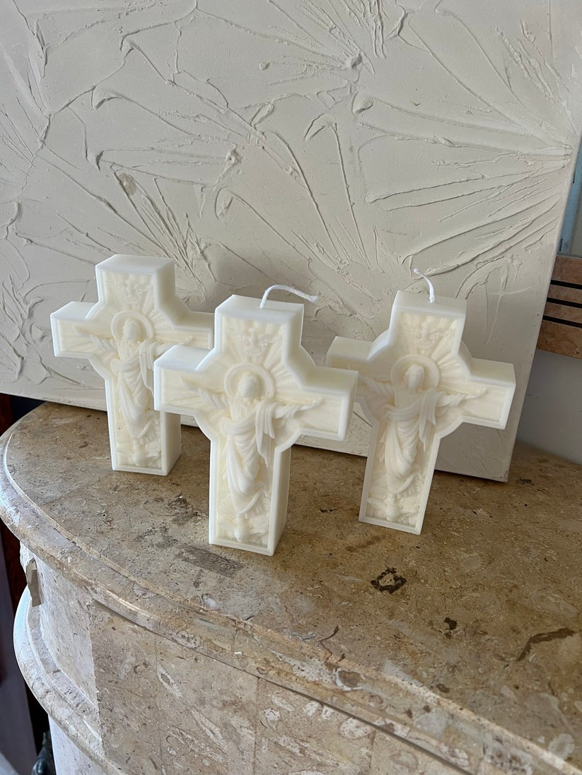 Easter Cross Candle, Jesus Resurrection Wax Candle, Christian Religious Decor, Catholic Gift for Home or Church CDLAF03