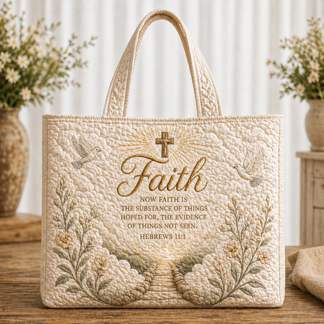 Faith Hebrews 11:1 Quilted Tote Bag, Christian Bible Verse Shoulder Bag with Cross and Doves, Fabric Tote Bag, Inspirational Religious Gift for Women QTTB03
