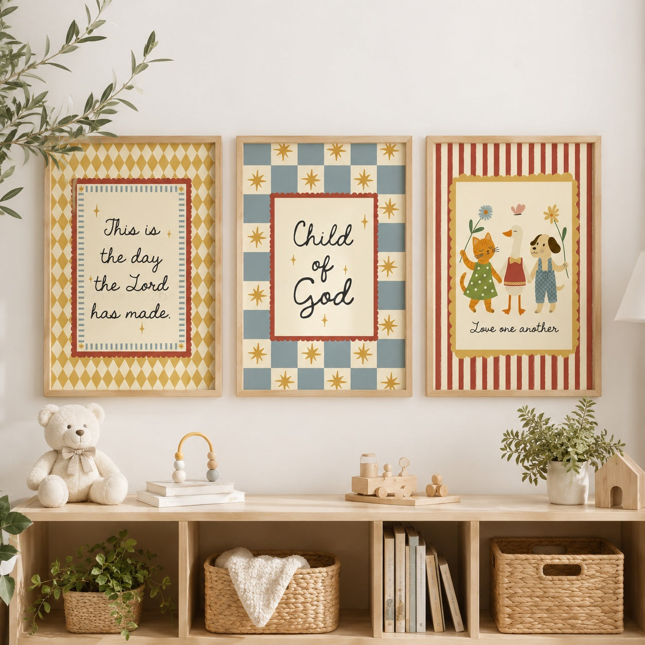 Set of 3 Christian Nursery Poster, Child of God and Love One Another Posters, Psalm 118:24 Kids Room Decor, Retro Animal Prints PTSET02