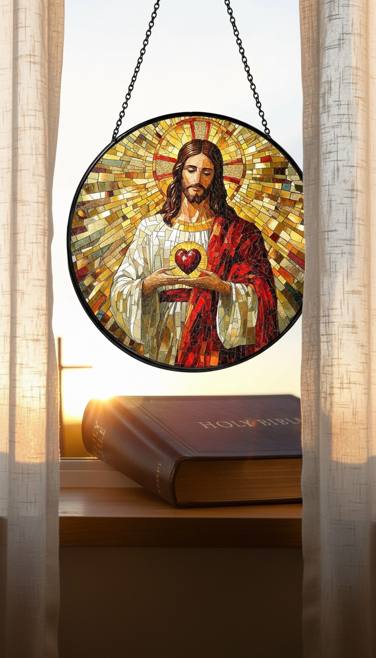Sacred Heart of Jesus Stained Glass Suncatcher, Christian Window Hanging, Catholic Home Decor, Religious Sun Catcher, Faith Gift, Bible Decor SCLAF12