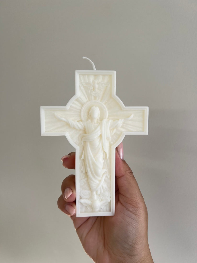 Easter Cross Candle, Jesus Resurrection Wax Candle, Christian Religious Decor, Catholic Gift for Home or Church CDLAF03