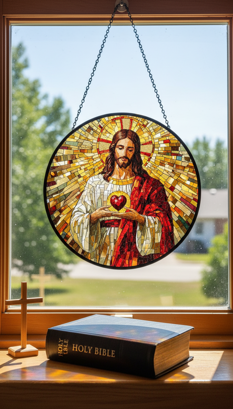 Sacred Heart of Jesus Stained Glass Suncatcher, Christian Window Hanging, Catholic Home Decor, Religious Sun Catcher, Faith Gift, Bible Decor SCLAF12