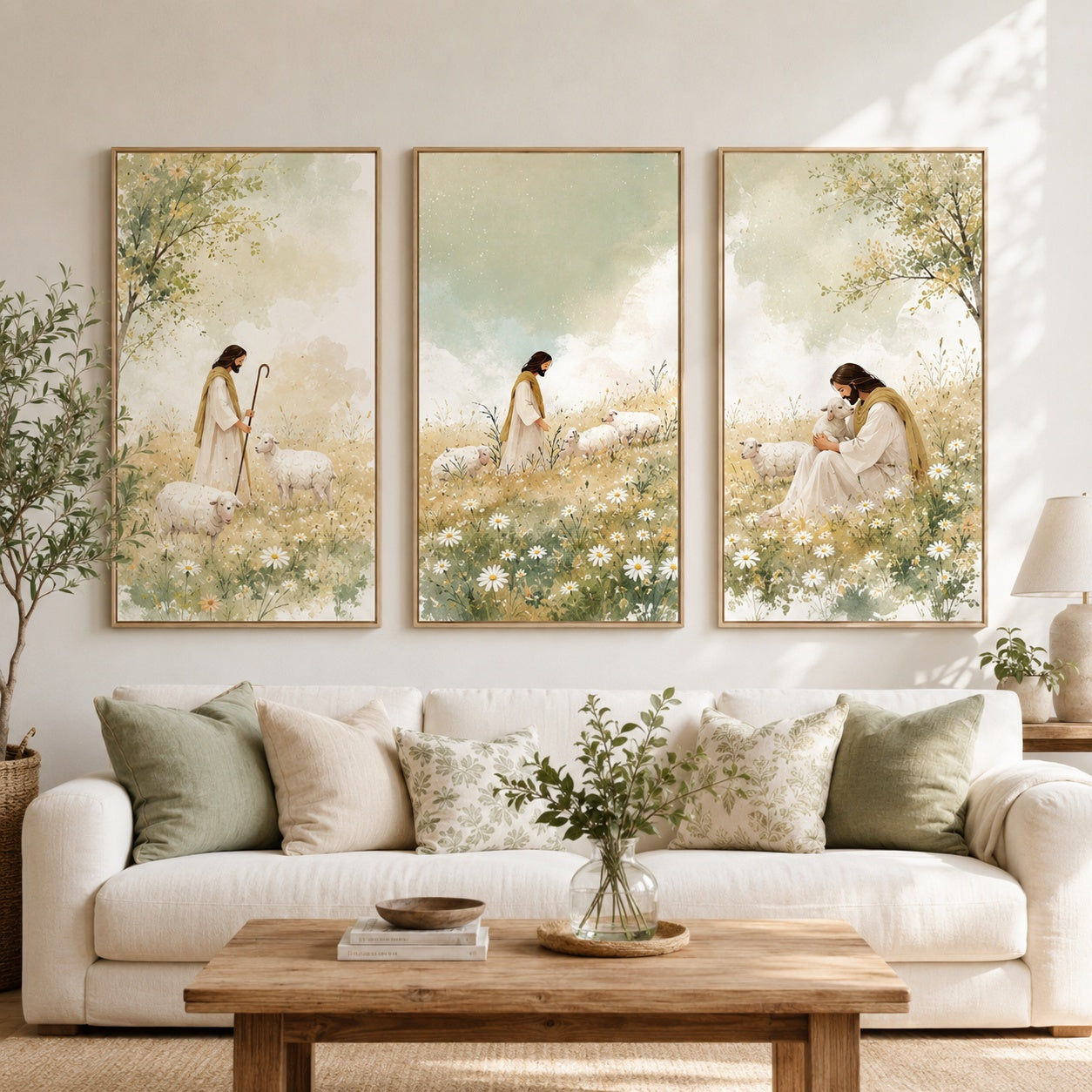 Set of 3 Good Shepherd Christian Poster, Watercolor Jesus and Sheep Posters, Christian Decor, Wall Hanging Decor PTSETA02