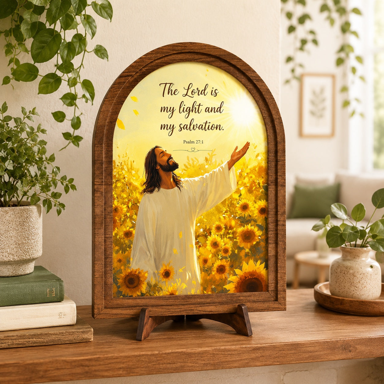 Psalm 27:1 Christian Wooden Sign, The Lord Is My Light and My Salvation Bible Verse Decor, Jesus Sunflower Wooden Sign, Religious Tabletop Sign WS03