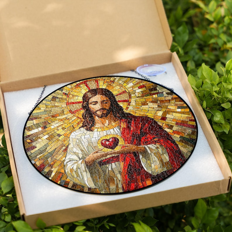 Sacred Heart of Jesus Stained Glass Suncatcher, Christian Window Hanging, Catholic Home Decor, Religious Sun Catcher, Faith Gift, Bible Decor SCLAF12