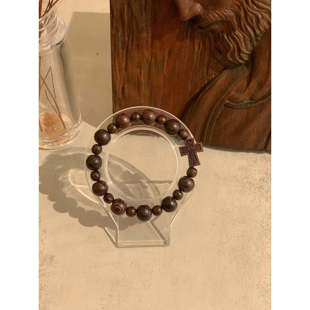 Ebony Wood Rosary Necklace with Cross, Catholic Prayer Beads, Christian Faith Jewelry, Unisex Religious Gift for Men and Women BGLAF05