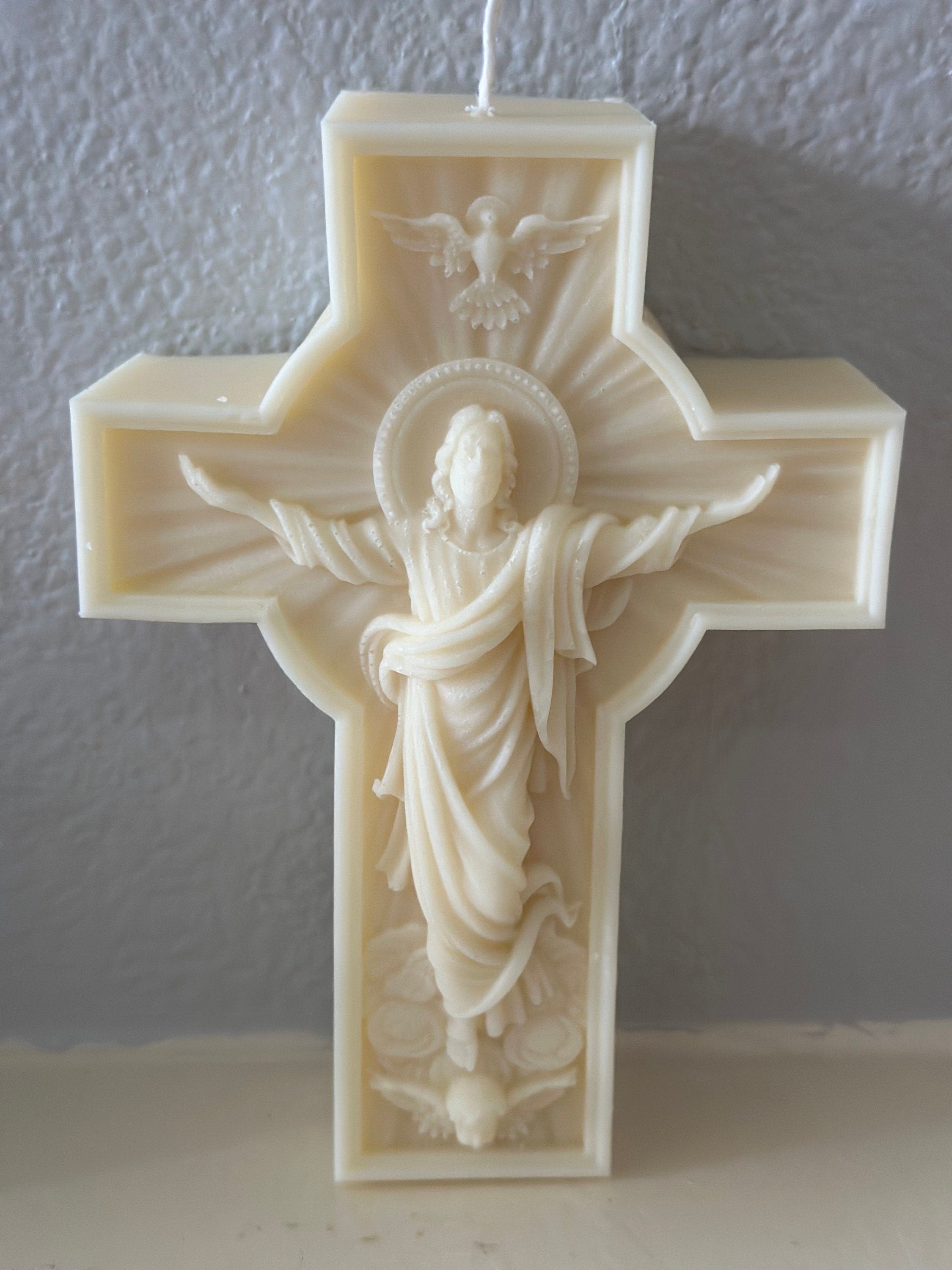 Easter Cross Candle, Jesus Resurrection Wax Candle, Christian Religious Decor, Catholic Gift for Home or Church CDLAF03
