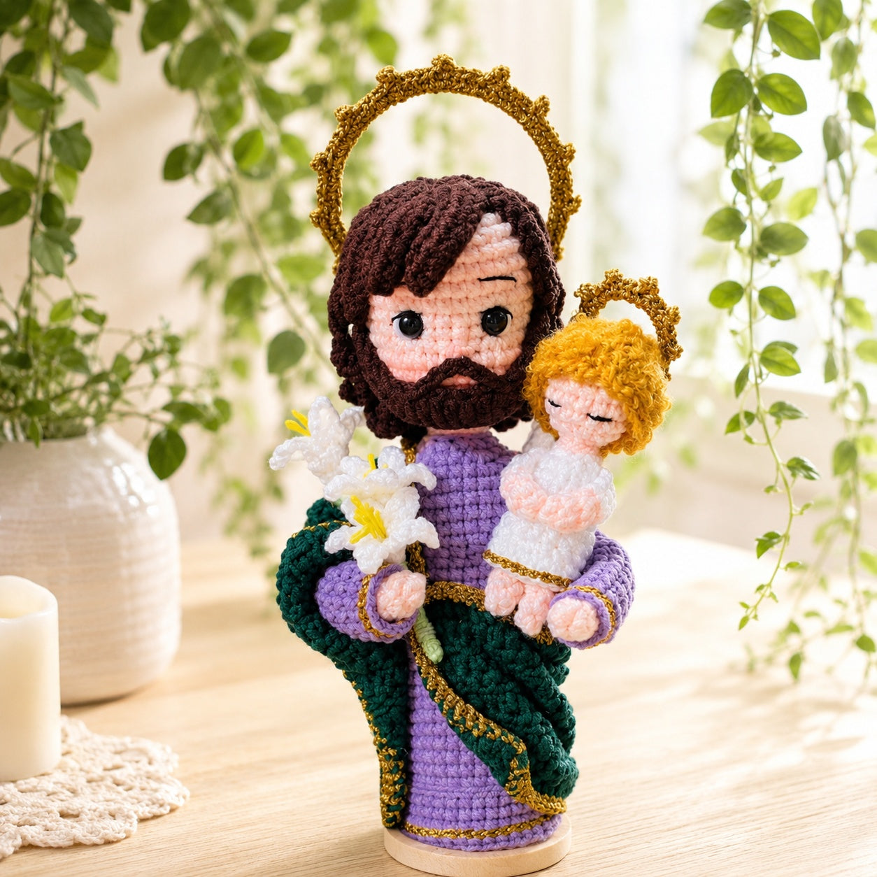 Saint Joseph with Baby Jesus Handmade Crochet, Saint Joseph Amigurumi Plush, Religious Faith Gift, Religious Keepsake Baptism Gift, Prayer Room Decor CR03