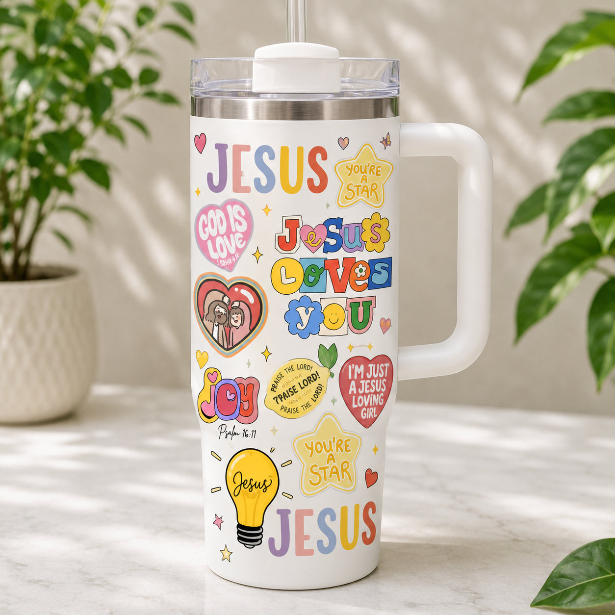 Colorful Jesus Loves You 30oz/40oz Tumbler with Handle, Christian Aesthetic Travel Mug, Custom Faith Tumbler, Insulated Mug with Straw, Christian Gift  TUMB03