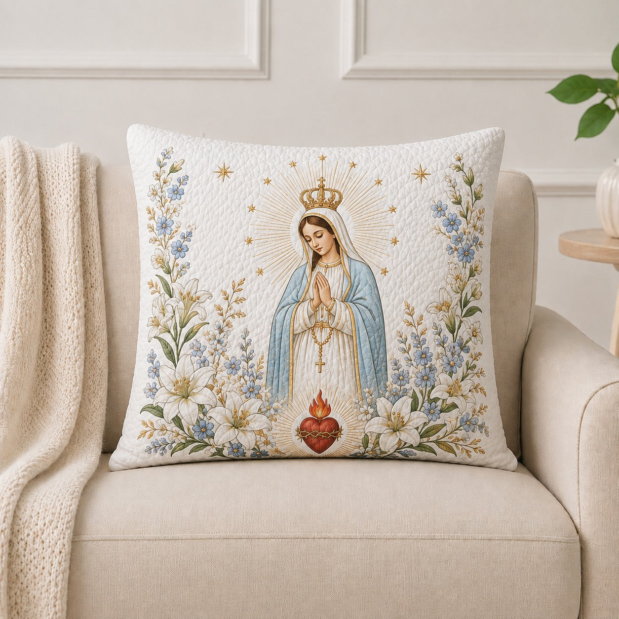Virgin Mary Quilted Pillow Case, Our Lady Catholic Pillow Cover, Blessed Mother Floral Decor, Marian Christian Gift, Religious Home Decor QPILLOW02