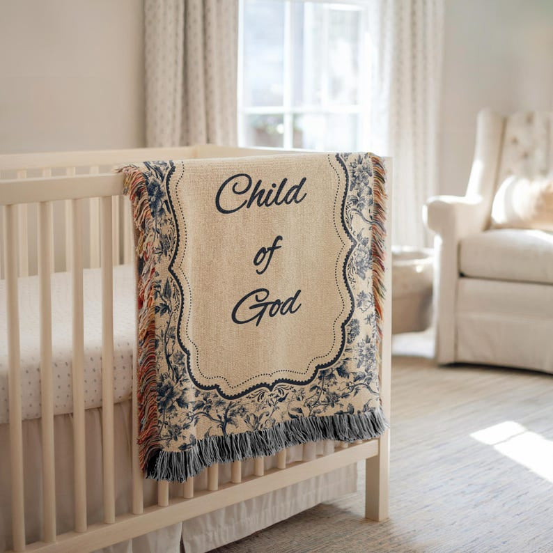 Christian Baby Woven Blanket, Child of God Woven Blanket Gift from Godmother, Faith-Based Newborn Blanket, Baby Shower Gift, Toile Nursery Decor WBLAF03