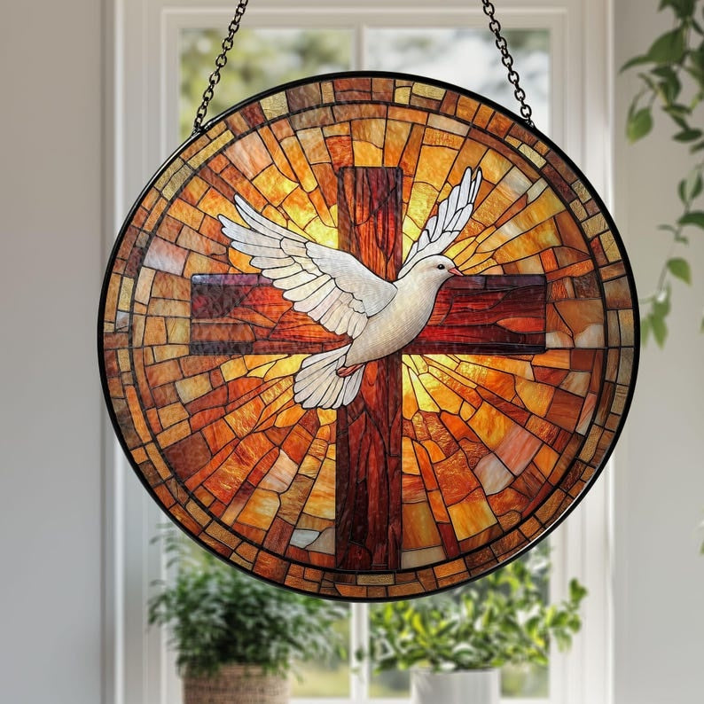Holy Spirit Dove Stained Glass Suncatcher, Cross Christian Window Hanging, Catholic Home Decor, Confirmation Gift, Religious Faith Decor GLASS03