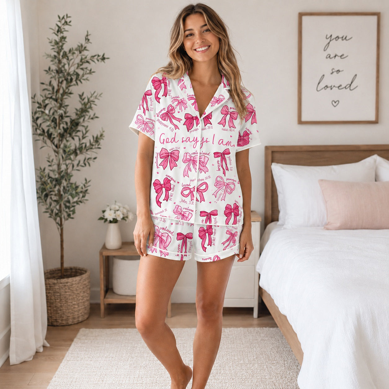 Christian Bow Pajama Set, God Says I Am Pajama Shorts Set, Faith Sleepwear, Bible Verse Pajamas, Christian Gift for Her PJS03