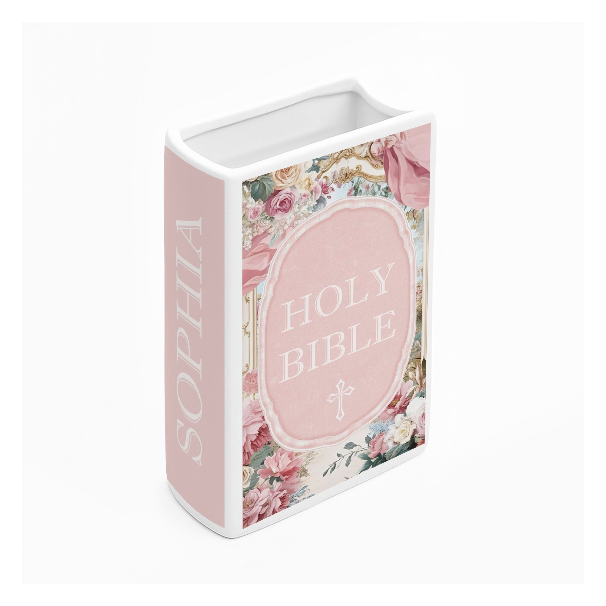 Personalized Floral Holy Bible Book Vase, Ceramic Christian Vase for Women, Scripture Gift with Deuteronomy 31:6 Verse, Baptism Decor CBLAF03