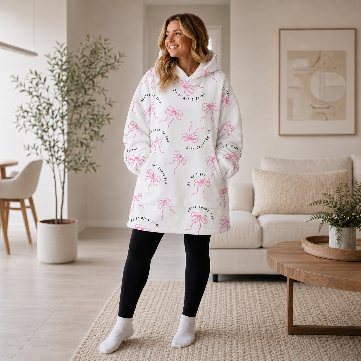 Jesus Loves You Pink Bow Oversized Hoodie Blanket, Custom Faith Inspirational Hoodie, Oversized Snuggle Hoodie, Fleece Flannel Wearable Blanket Hoodie for Kids & Adults, Family Religious Gift OOH03