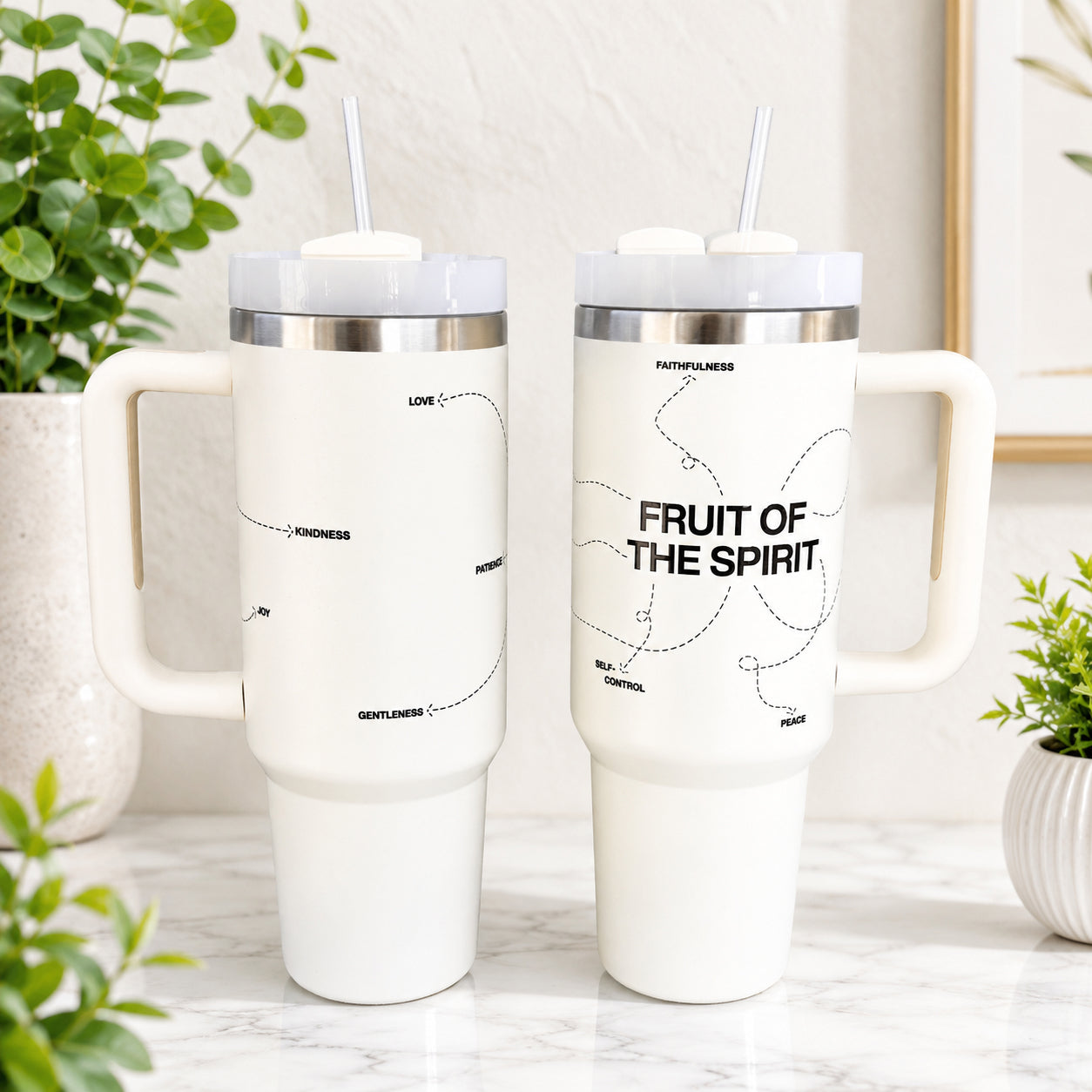 Fruit of the Spirit Christian Tumbler with Handle and Straw, Bible Verse Insulated Travel Cup, Bible Verse Christian Tumbler LAFN03