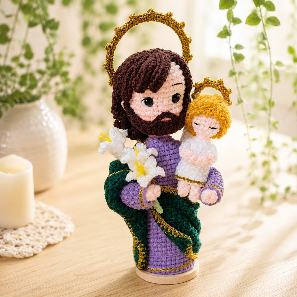 Saint Joseph with Baby Jesus Handmade Crochet, Saint Joseph Amigurumi Plush, Religious Faith Gift, Religious Keepsake Baptism Gift, Prayer Room Decor CR03