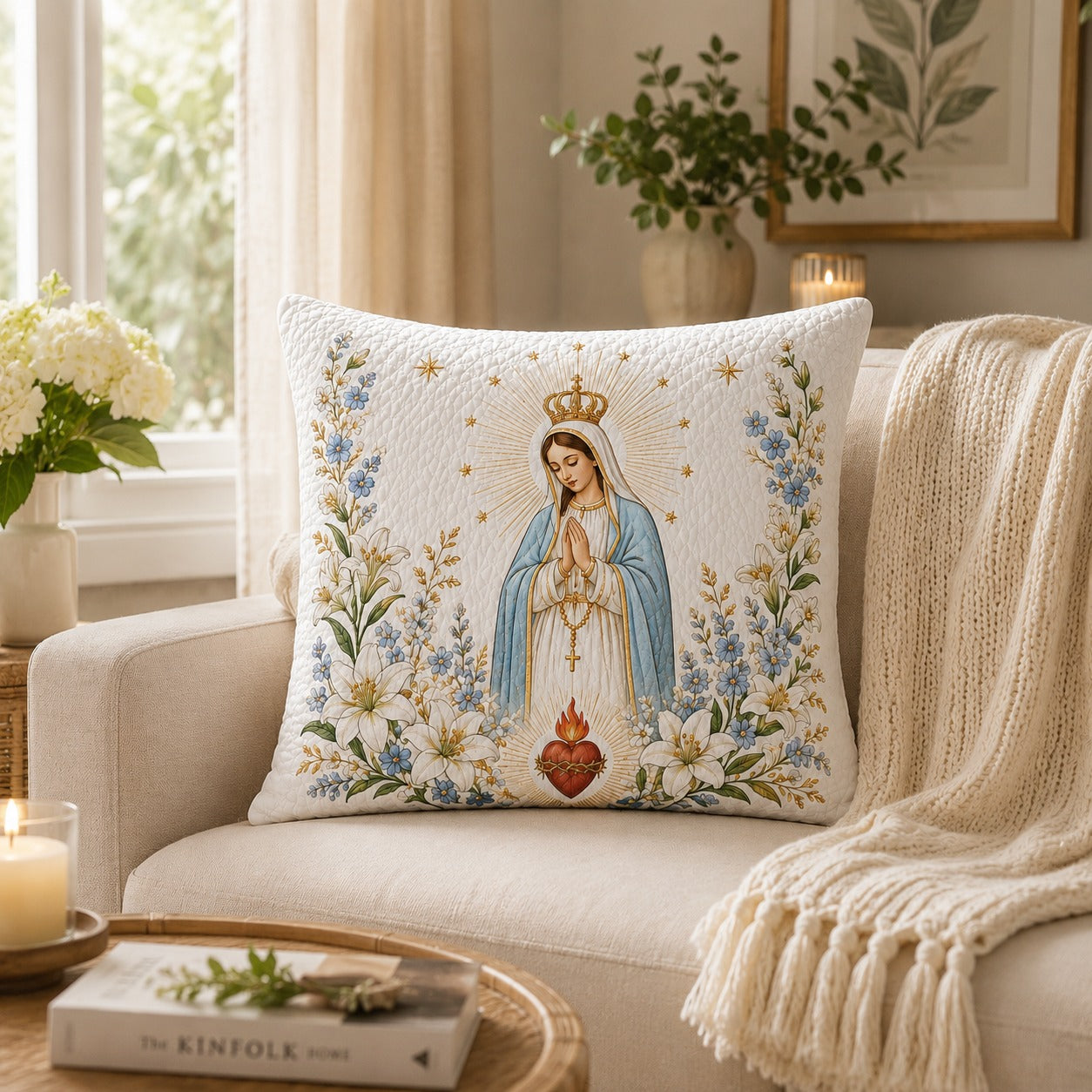 Virgin Mary Quilted Pillow Case, Our Lady Catholic Pillow Cover, Blessed Mother Floral Decor, Marian Christian Gift, Religious Home Decor QPILLOW02