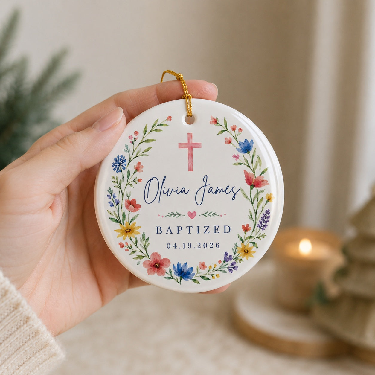Personalized Flower Baptism Ceramic Ornament, Custom Baby Keepsake, Goddaughter Gift, Baby Dedication Ornament, Baptism Ornament Gift CRMO03