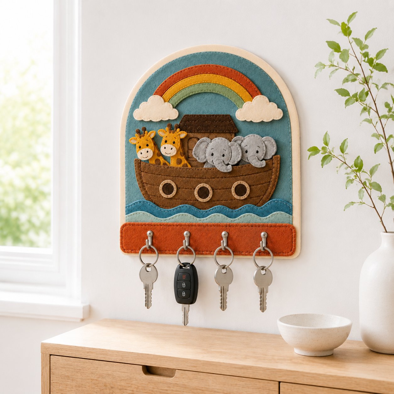 Noah’s Ark Wall Felt Key Holder, Christian Wall Key Rack, Handmade Catholic Home Decor, Religious Housewarming Gift, Felt Custom FELTHD03
