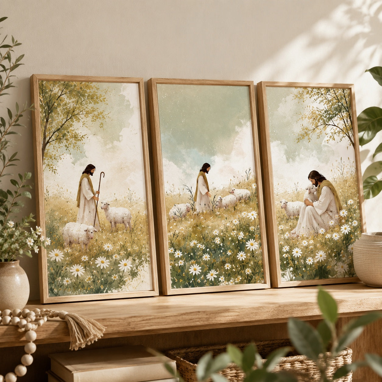 Set of 3 Good Shepherd Christian Poster, Watercolor Jesus and Sheep Posters, Christian Decor, Wall Hanging Decor PTSETA02