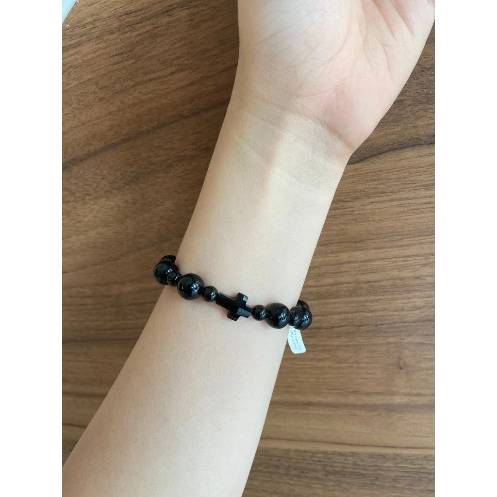 Black Rosary Bracelet, Virgin Mary Rosary Bead Bracelet, Catholic Prayer Bracelet, Cross Bracelet, Religious Gift for Women Men, Christian Jewelry BRLAF03