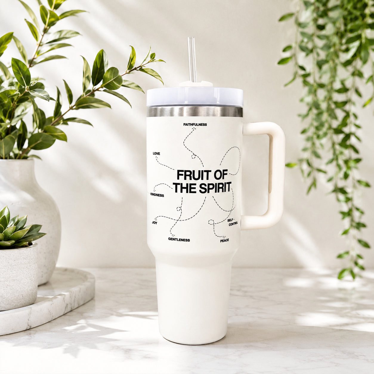 Fruit of the Spirit Christian Tumbler with Handle and Straw, Bible Verse Insulated Travel Cup, Bible Verse Christian Tumbler LAFN03