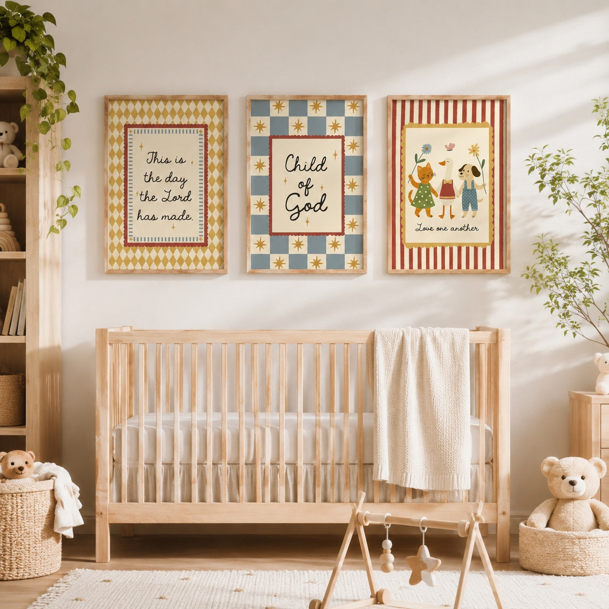 Set of 3 Christian Nursery Poster, Child of God and Love One Another Posters, Psalm 118:24 Kids Room Decor, Retro Animal Prints PTSET02