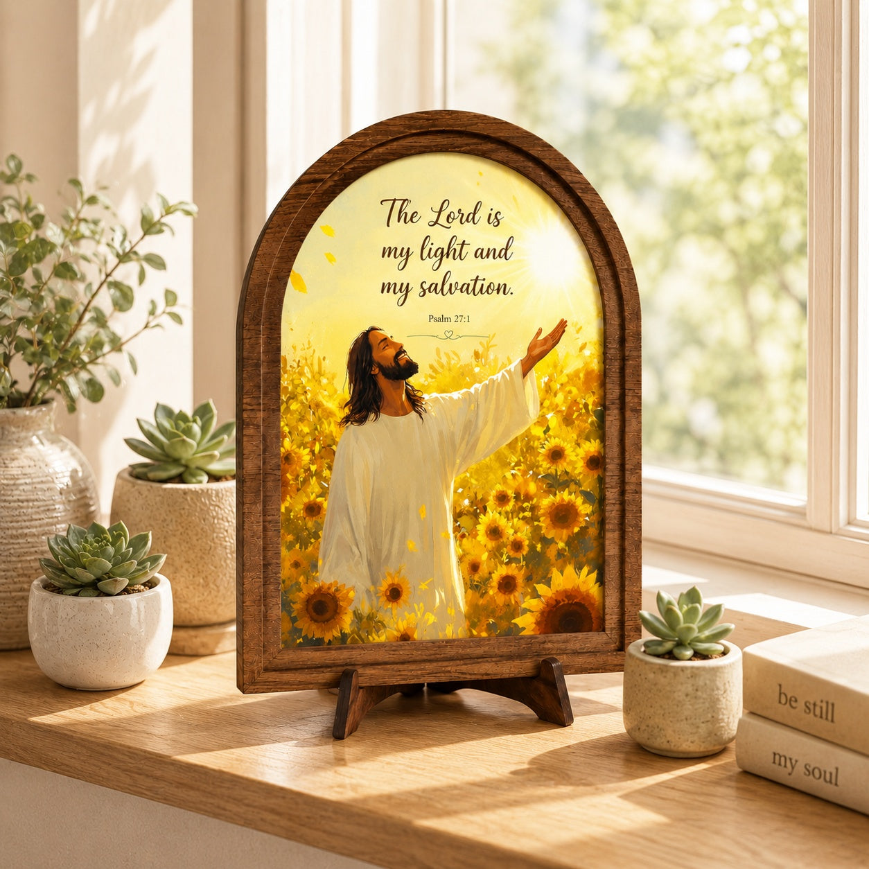 Psalm 27:1 Christian Wooden Sign, The Lord Is My Light and My Salvation Bible Verse Decor, Jesus Sunflower Wooden Sign, Religious Tabletop Sign WS03