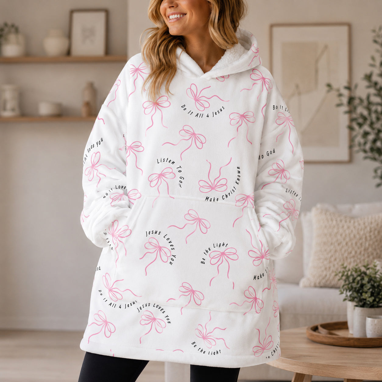 Jesus Loves You Pink Bow Oversized Hoodie Blanket, Custom Faith Inspirational Hoodie, Oversized Snuggle Hoodie, Fleece Flannel Wearable Blanket Hoodie for Kids & Adults, Family Religious Gift OOH03