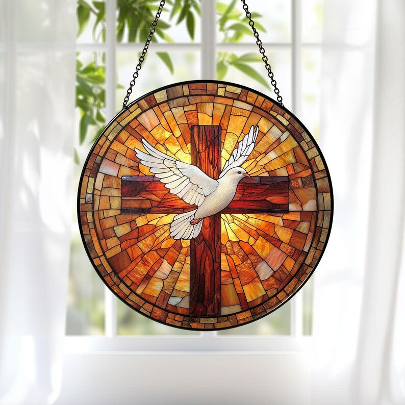Holy Spirit Dove Stained Glass Suncatcher, Cross Christian Window Hanging, Catholic Home Decor, Confirmation Gift, Religious Faith Decor GLASS03